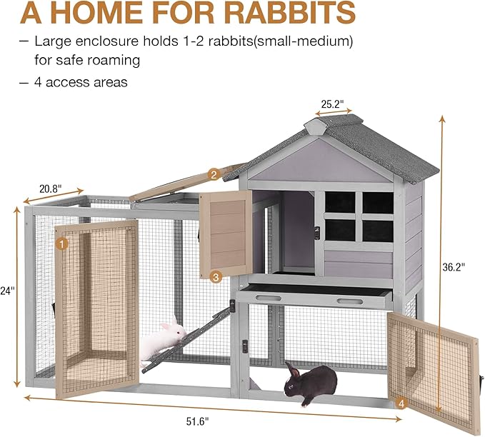 Aivituvin Rabbit Hutch 51.6''L Chicken Coop Outdoor with Run, Bunny House Guinea Pig Cage with Waterproof Roof and No Leak Tray, Grey