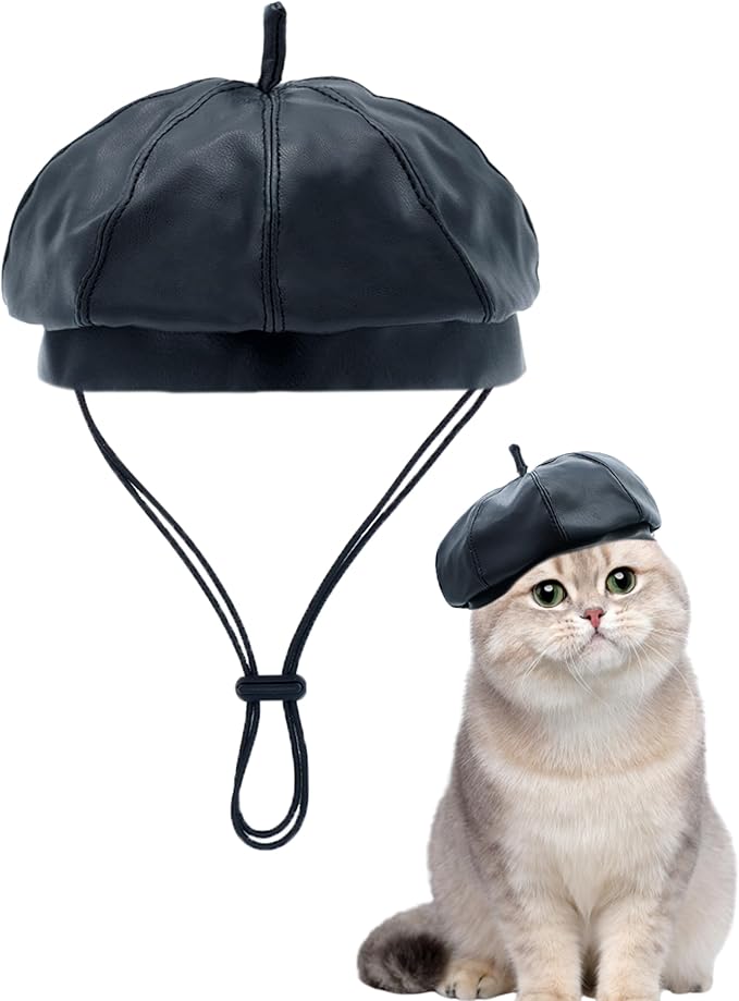 PET SHOW Dog Beret Hat for Small Dogs Cats Party Holiday Headband Cap French Leather Berets with Adjustable Chin Strap Cute Fashion Puppy Hats Pets Costumes Accessories(Black,S)