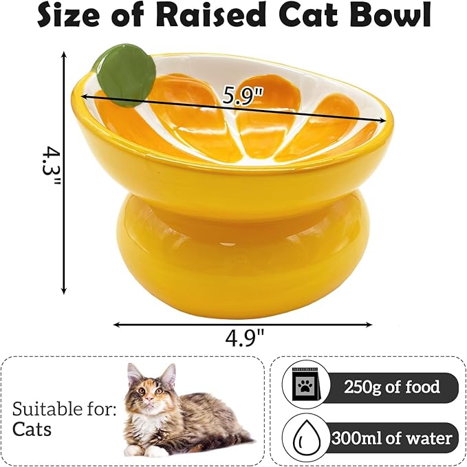 Hamiledyi Ceramic Raised Cat Bowls 15° Tilted Elevated Kitten Food Water Bowl Shallow Whisker Fatigue Kitty Dish Fruit Pet Feeding Bowls Feeder for Indoor Cats Small Dog (Yellow Orange)