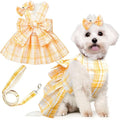 PETCARE Cute Dog Dress Clothes for Small Dogs Cats Girl Female Yellow Plaid Bow Tie Dog Harness Dresses Leash Set with Pearls Bow Accessories Birthday Puppy Dress Shih Tzu Yorkies Chihuahua Outfits