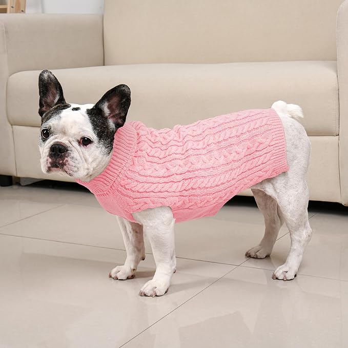 2 Pack Dog Sweaters for Medium Dogs Winter Turtleneck Pullover Cable Knit Fleece Stretch Frenchie Dachshund Pug Corgi Beagle Boy Girl Pet Clothes (M, Pink & Purple)