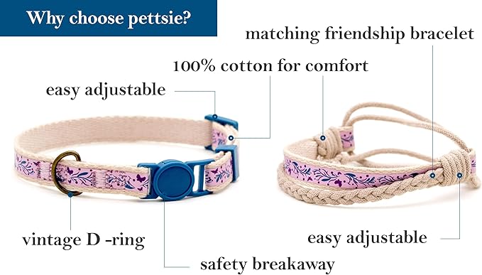 Pettsie Kitten Collar Breakaway with Matching Bracelet – Soft Cotton, Quick-Release Safety Buckle, Adjustable 5"-8", Stylish Gift Box, Purple