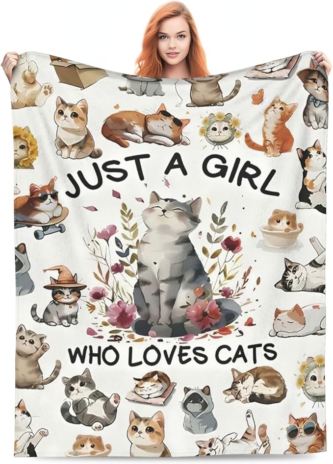 SweetFox Just A Girl Who Loves Cats Blanket, Cute Cat Decor Throw Blanket Gifts for Girls Boys Lovers Super Warm Soft Plush Fleece Flannel Winter Bedding Blankets for Kids Adults Men Women 60"X50"