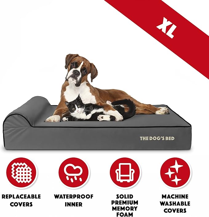 The Dog’s Bed Orthopedic Memory Foam Dog Bed with Headrest, Calming Surface – CertiPUR-Certified Foam, Oxford Fabric, Grey with Black Trim, XL, 6-Inch