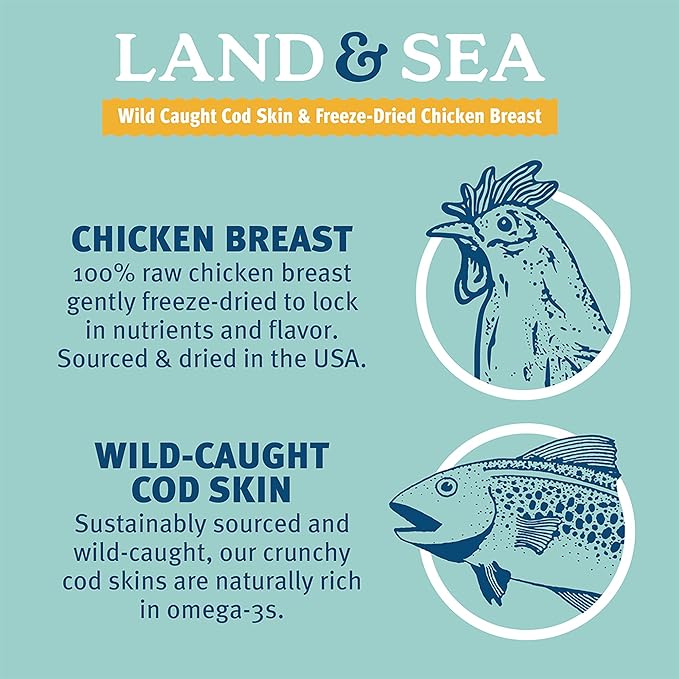 Icelandic+ Land & Sea Wild Caught Cod Skin & Freeze-Dried Chicken Breast -6.75oz Bag, Dog Treat & Food Topper, 2 Ingredient, No Preservatives, Natural