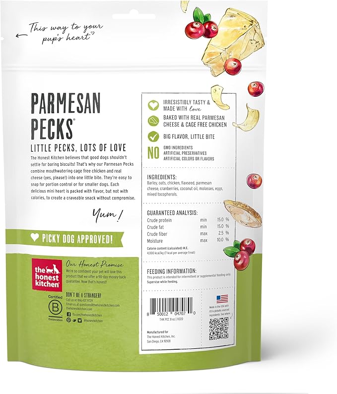 The Honest Kitchen Human Grade Dog Treats Parmesan Pecks: Chicken, Parmesan & Cranberry Recipe, 8 oz Bag