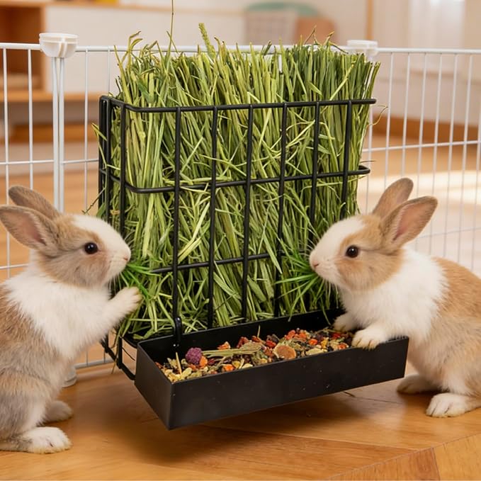 BESNEW 2 in 1 Rabbit Hay Feeder with Food Box,Upgraded Metal Guinea Pig Hay Feeder Hay-Leak Proof Bottom,Easy to Install,Bunny Supplies for Rabbit Guinea Pig Chinchilla Small Animals