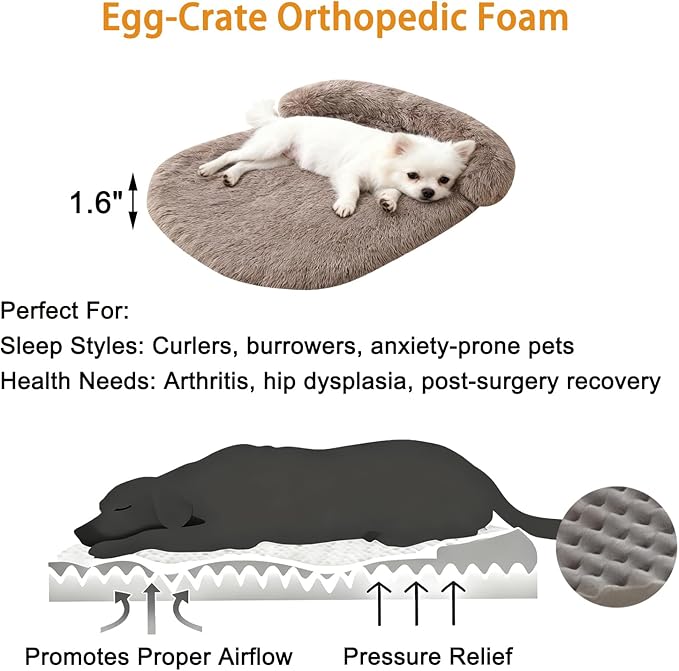 Calming Dog Beds for Medium Large Dogs, Orthopedic Cushion Plush Large Pet Bed Lounge with Washable Cover, Anti-Anxiety Soft Fluffy Faux Fur Fits up to 60 lbs Pets (Oval, Brown 40"x30")