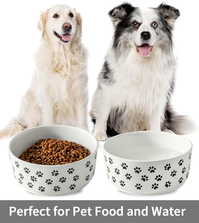 UBEE 6.5 inch Dog Bowls Set of 2, Ceramic Dog Food Water Bowl Dish with Paw Pattern, Pet Food Water Dishes Feeding for Small and Meidum Dogs and Large Cat, White