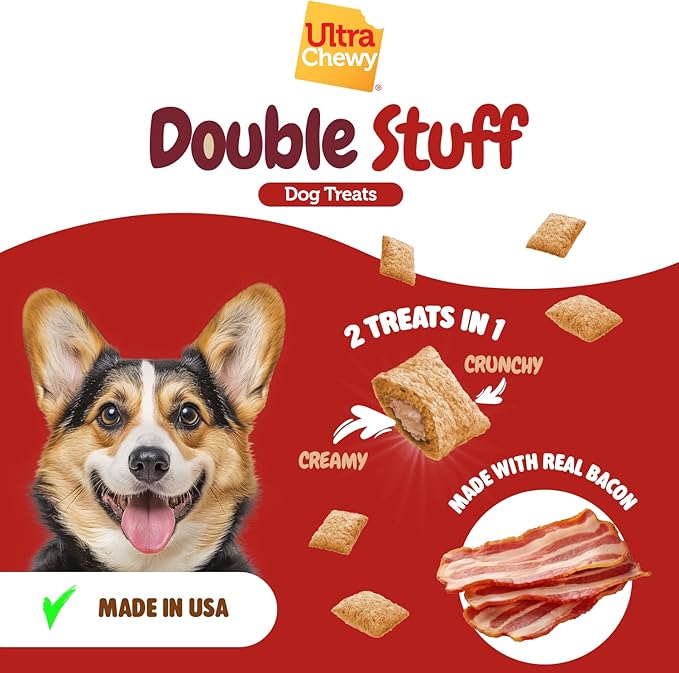 Ultra Chewy Double Stuff Bacon - Crunchy Dog Treats with Creamy Filling - Made in USA - Irresistible Flavor - Ideal for Medium/Large Dogs - 2 Packs