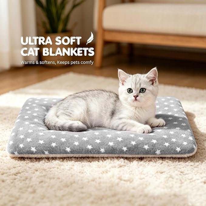 4 Pack Cat Bed Mat, 19" x 13" Soft Fluffy Flannel Small Pet Blanket, Washable Sleeping Pad for Indoor Cats, Kittens, Puppies, Star Print - Grey