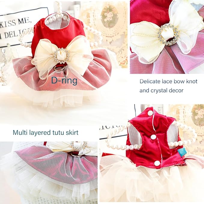 ANIAC Retro Dog Tulle Dress with Leash Ring Spring Summer Girl Puppy Clothes for Small Dog Cat Apparel Formal Pet Prom Dress for Christmas Wedding Birthday Valentines (Red,Medium)