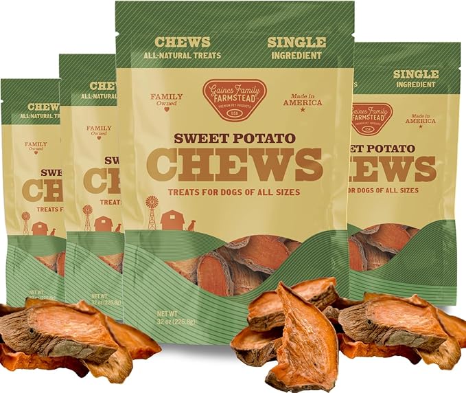 Gaines Family Farmstead Sweet Potato Chews for Dogs, 4 Pack - 32 oz Bags – Single Ingredient Sweet Potato Dog Treats, High Fiber, Grain-Free, Rawhide Alternative, Vitamin-Rich, Made in The USA
