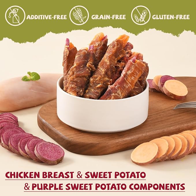 Chicken Jerky Wrapped Double Sweet Potato Dog Treats,Low Fat & Rawhide-Free & High Protein Dog Snacks,Orange & Purple Sweet Potato Soft Chews w/1% Taurine for Small Medium Large Dogs,10.58oz