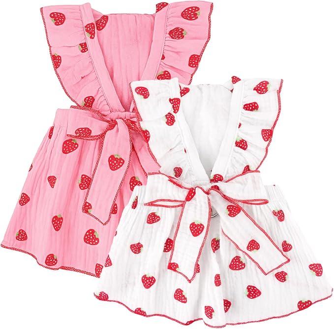 2 Pack Dog Dress Clothes for Small Dogs Girl with Leash Ring & Bow cat Dog Outfit Strawberry Printed Pet Cat Apparel Sweet Ruffled Chihuahua Yorkie Puppy Clothes