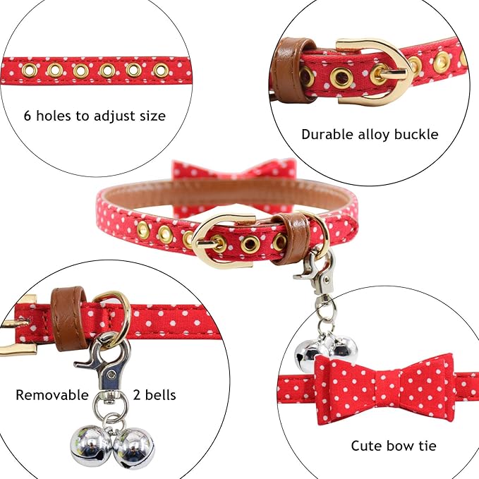 3PCS Bow Tie Dog Collar and Leash Set Plaid/Camo/Dots/Flower Dog Bandanas with Bell 3 Size Adjustable for Small Dogs Puppies and Cats (M, Red Dots)