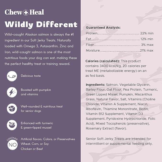 Chew + Heal Labs Seniors Soft Jerky Salmon Dog Treats - 12 oz of Omega Jerky - Dog Joint Supplement with Wild Alaskan Salmon and Turmeric - Made in the USA