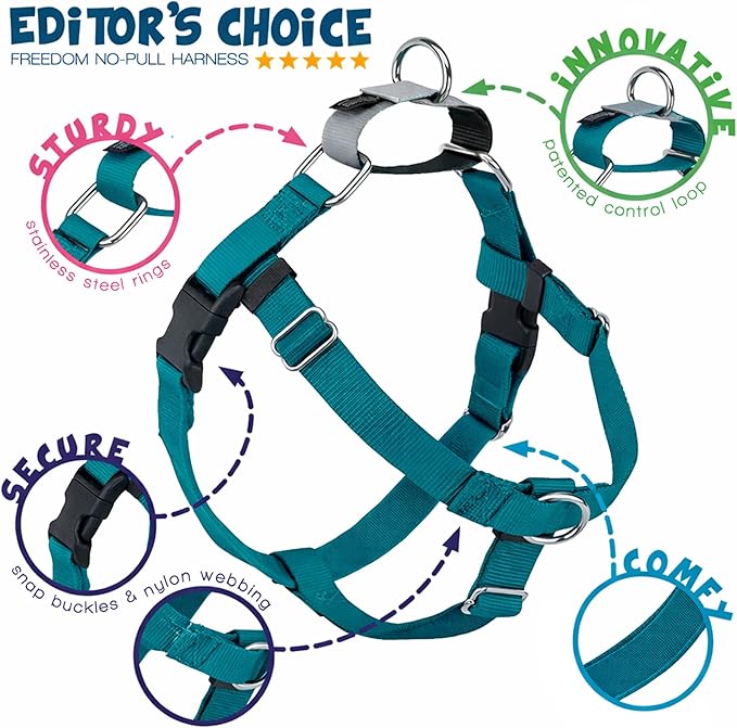 2 Hounds Design Freedom No Pull Dog Harness, Adjustable Harness, Easy Walking & Comfortable Control, Fits Small, Medium & Large Dogs, Solid Colors, Made in USA, 5/8" MD, Teal