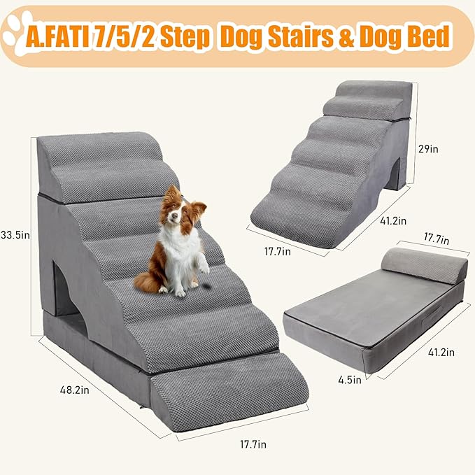 33" H Dog Stairs for High Beds 20-42 Inch Couch Bed, 7-Step Pet Stairs for Small Old Medium Large Dogs, Extra Wide Dog Ramp with Machine Washable Cover Indoor, 33D Foam Balanced 7-Tier Ladder for Bed