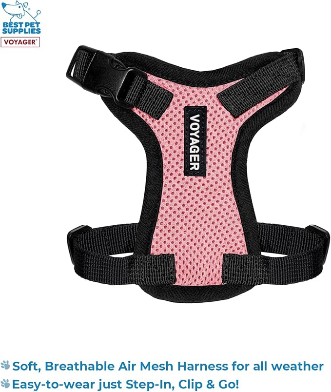 Best Pet Supplies Voyager Step-in Lock Pet Harness w Reflective Pet Leash Combo Set with Neoprene Handle 5ft - Supports Small, Medium and Large Breed Puppies/Cats - Pink/Black Trim Set, XXS