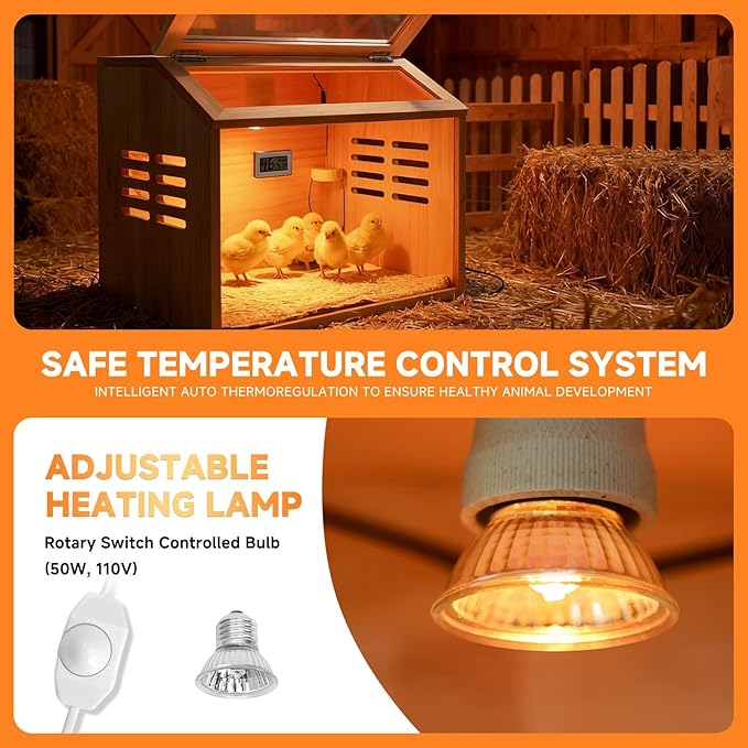 Brooder Box for Chicks Thick Wooden Chicken Brooder Box with Pre-Drilled Holes, Heating Lamp & Thermometer Included, Suitable for Chicks, Ducks, Quails, Hamsters & Small Animals 15.7 x 12 x 12 in