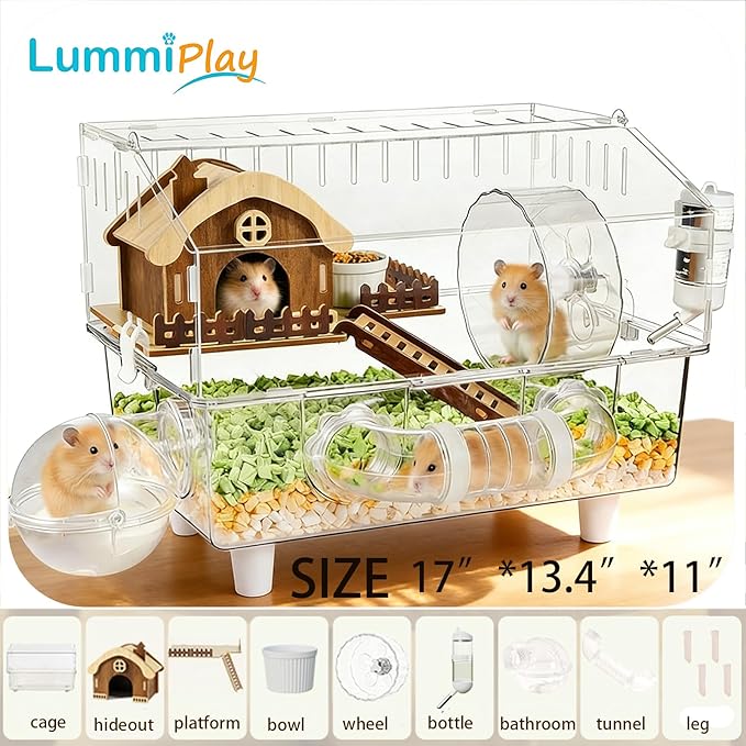 Acrylic Hamster Cage,8 in 1 Clear Transparent Habitat with All Accessories, Multi-Level Small Animal Enclosure with 2-Layer Platform、Hideout、Exercise Wheel、Bath、Bowl and Wheel、Bottle（17 * 13.4 * 11“）