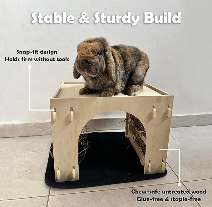 Kiwi&Mora Bunny House Hideout – Rabbit Hideout for Bunnies, Guinea Pigs & Other Pets | Large Indoor Wooden Tunnel Bed with Hay Feeder, Enrichment Toys & Accessories – Easy to Assemble & Clean