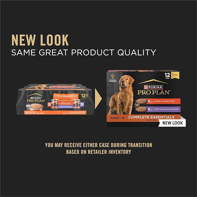Purina Pro Plan Wet Dog Food Grain Free Complete Essentials Variety Pack,Chicken and Carrots and Turkey-and Sweet Potato Entrees - 13 oz. Cans,(Pack of 24)