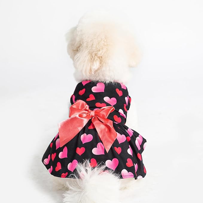 PUPTECK Print Dog Spring Dress Pet Costumes Apparel with Cute Bowtie Puppy Clothes Outfit, Heart, M