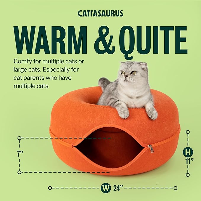 Cattasaurus Peekaboo Cat Cave Donut for Multiple & Large Cats up to 30-45 lbs, 3-in-1 Self Warming Cat Bed, Tunnel & Scratcher for Indoor Cats, Washable & Detachable Small Dog Bed (Orange, Large)