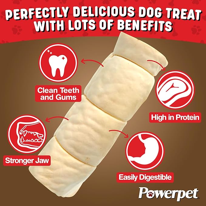Powerpet Treats Beef Cheek Rolls for Dogs - Promotes Dental Hygiene - 100% Natural & Highly Digestible - High Protein, Low Fat Breeds - No Rawhide - Healthy Chew Treats - 5 Rolls