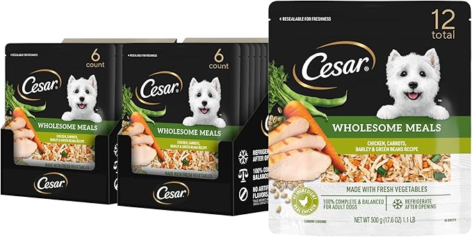 Cesar Wholesome Meals Wet Dog Food Chicken, Carrots, Barley & Green Beans Recipe, Wet Food for Dogs, 17.6 oz Pouch, 12 Count