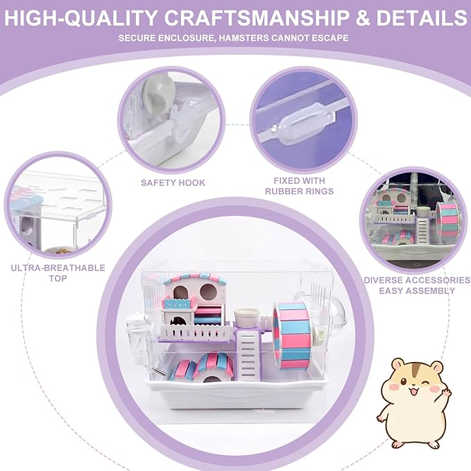Loungewave Acrylic Hamster Cage, 2-Tier Gerbil Cage with Wooden Wheel, Small Dwarf Hamster Cage Habitat, Garden Mouse Cage for Pet Mice, Clear View Inside Easy to Clean, Pink-Blue