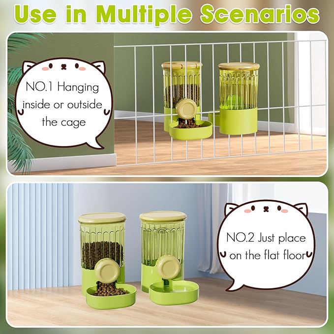 Hanging Small Pet Feeder and Water Dispenser, 1L Auto Cat Food Bowl and 0.8L Water Bottle Dispenser, Auto Gravity Pet Feeder and Waterer Set for Puppy, Kitten, Rabbit and Small Pets (Green)