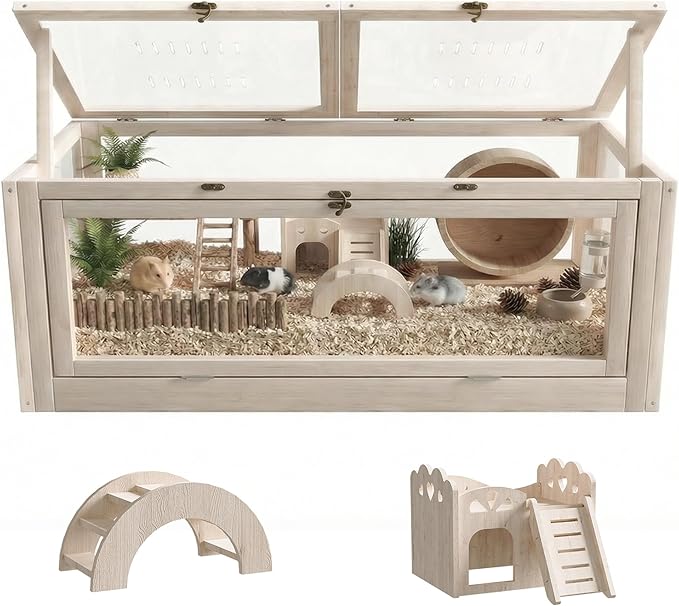 Wooden Hamster Cage with Small House and Bridge, Small Animal Habitat with Lockable Design, Openable Top and Front Doors for Gerbil, Guinea Pig, Rat, 32" L x 16" W x 16" H