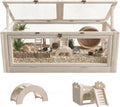 Wooden Hamster Cage with Small House and Bridge, Small Animal Habitat with Lockable Design, Openable Top and Front Doors for Gerbil, Guinea Pig, Rat, 32" L x 16" W x 16" H