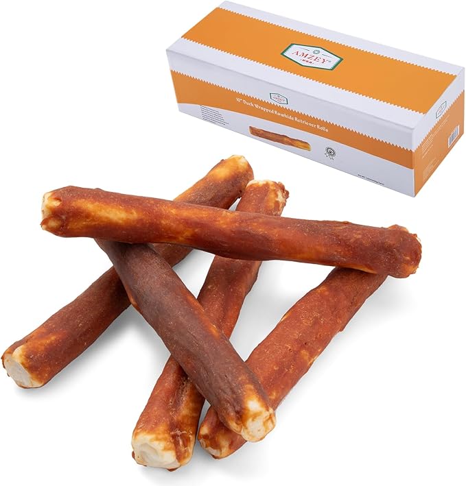 Amzey Collagen Treats for Dogs, 10" Rawhide Retriever Rolls Dog Chews Treats, Duck Wrapped Rawhide Bones Long-Lasting for Large Dogs 50lbs Up, All Natural Duck Basted Dog Rawhide Chews, 5 Count