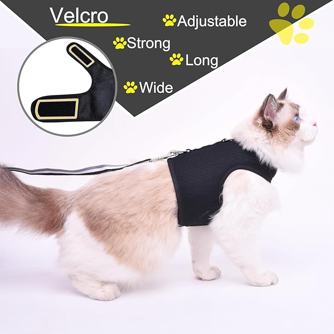 Cat Harness and Leash for Walking Escape Proof Breathable Mesh Fabric, Solid Black, Large, Adjustable Cat Walking Jackets, Padded Stylish Cat Vest