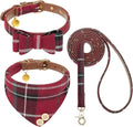 KOOLTAIL Small Dog Collar and Leash Set with Bowtie and Bells - Cute Puppy Bandana Collar and Leash for Female with Classic Plaid Pattern,Soft Leather Tangle Free Leashes for Small Dogs Boys Girls,Red