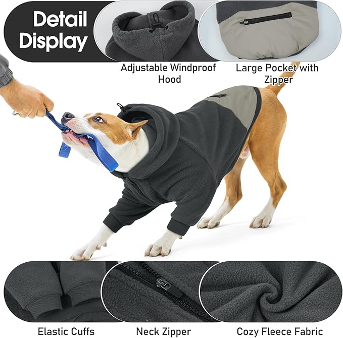 Nanaki Dog Hoodies for Large Dogs Sweatshirt with Pocket-Warm Fleece, Long Sleeves Adjustable Zip Collar-Comfort Pet Sweater for Labrador, Large Sweatshirt Winter Coat for Fall Winter Spring Grey 2XL