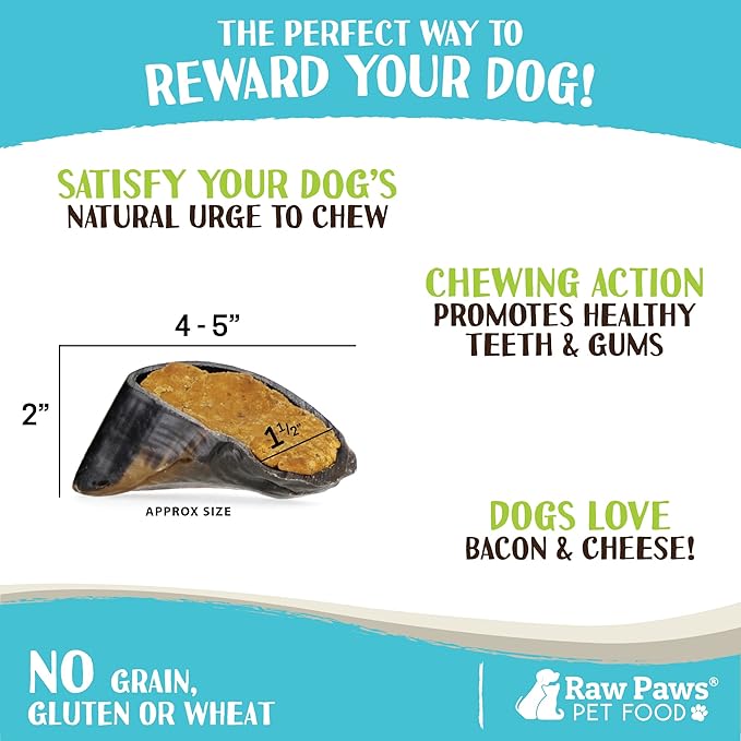 Raw Paws Filled Cow Hooves for Dogs - Bacon & Cheddar Flavor, (5-Count) Free Range Cow Hooves Stuffed Cheese Chew - Stuffed Hoof Dog Chews Treats - Cheese Dog Treats, Bacon Chew