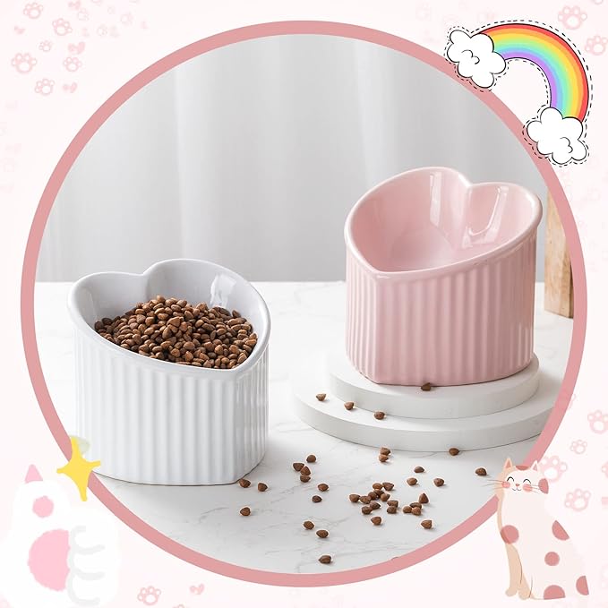 Mumufy 2 Pcs Ceramic Elevated Cat Bowls Tilted Elevated Raised Pet Bowls Anti Vomit Cat Dish for Indoor Stress Free Water Dish Feeder for Puppies, Heart Shaped(Pink, White)