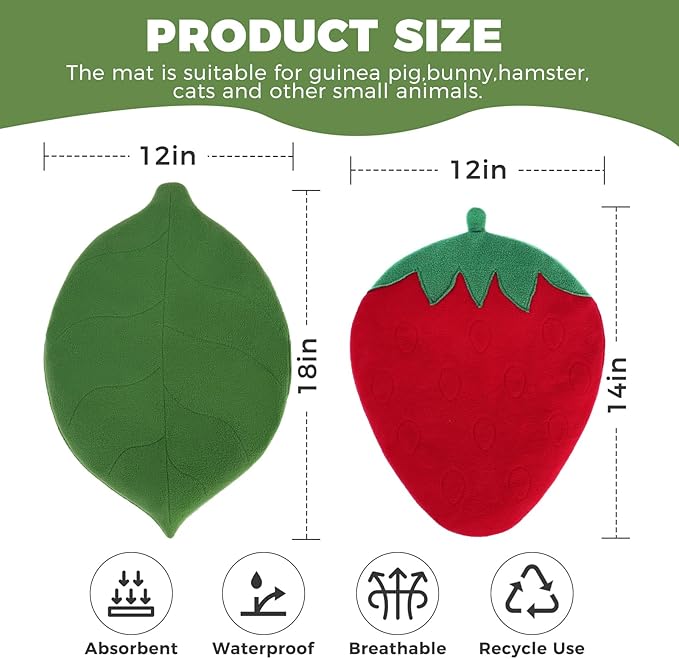 2 Pcs Guinea Pig Bedding Mat Washable, Ultra Soft Fleece Warm Small Animal Beds,Absorbent Waterproof Rabbit Winter Pad for Indoor Rabbit Hamster Squirrel Hedgehog Chinchilla Ferret, Strawberry & Leaf