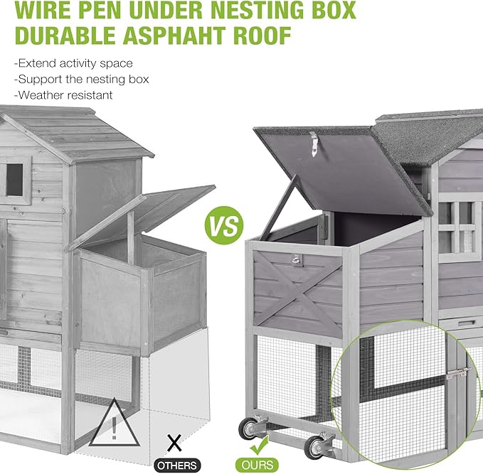 GUTINNEEN Mobile Chicken Coop for 2-4 Chickens with Wheels, Expandable Large Hen House with Run, UV-Protected Roof, Divided Nesting Boxes, Easy One-Person Move, Grey