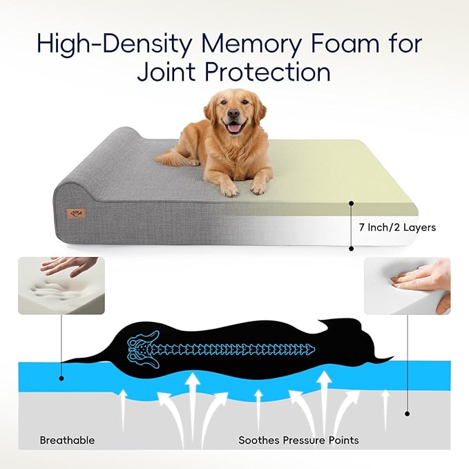 Sytopia 7" Thick Orthopedic Dog Beds for Extra Large Dogs (50" x 34" x 10"), Chew Proof Fabric Cover, 35D Memory Foam Dog Beds with Durable Waterproof Liner & Removable Washable Cover, Grey