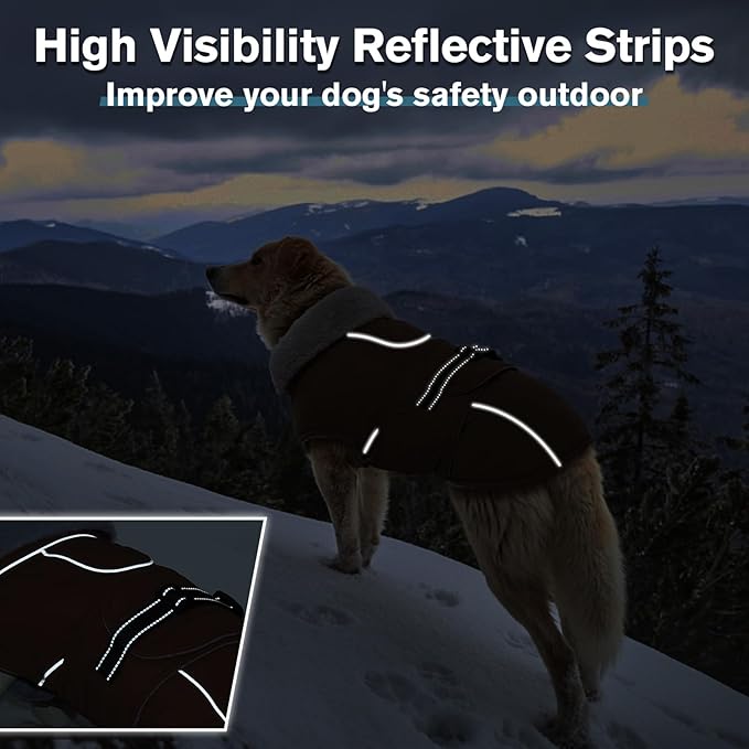 Lelepet Warm Dog Coats for Large Dogs Waterproof Dog Jacket Reflective Pet Fleece Vest Windproof Cold Weather Coats with Adjustable Buckle & Leash Hole, Brown, L