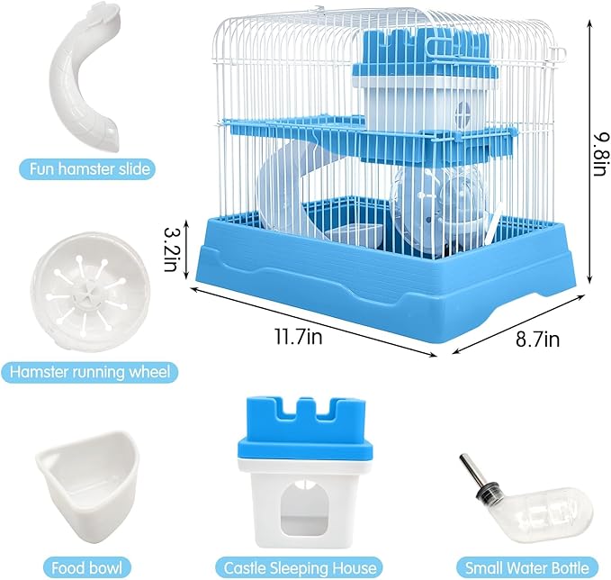 PINVNBY 2-Tier Dwarf Hamster Cage, Travel Portable Mouse Cage Gerbil Cages and Habitats Small Animal Carrier with Castle House Exercise Wheels, Water Bottle and Food Dish(Blue)