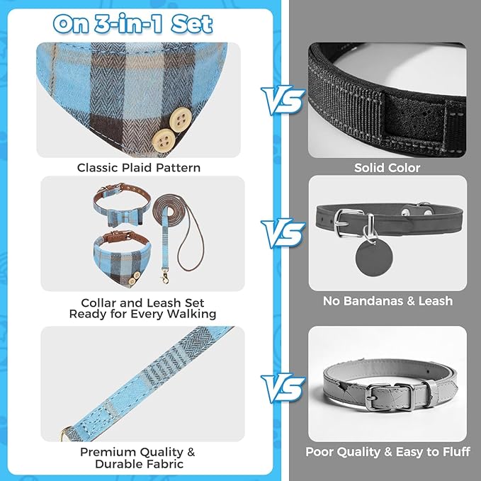 BINGPET Puppy Collar and Leash Set for Small Dogs, Plaid Bowtie Dog Collars Bandana for Boy Girl Dogs, Cute Adjustable Collar and Leash Set with Bow for Dog Cat Outdoor Walking, Blue S (No Bell)