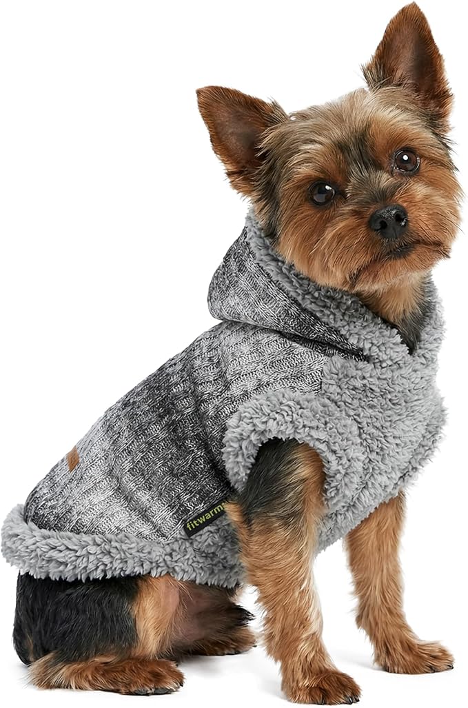 Fitwarm Fuzzy Dog Sweater, Knitted Winter Dog Clothes for Small Dogs Boy Girl, Pet Cat Hooded Outfit, Heather Grey, Black, XS