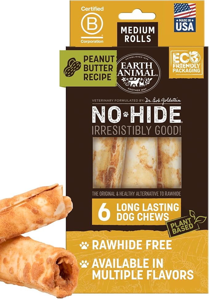 Earth Animal No Hide Chews - Long Lasting Rawhide Free Medium Dog Chews Rolls, Peanut Butter - 6 Count